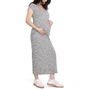 Motherhood Maternity Women's Short Sleeve V-Neck Henley Rib Knit Bodycon Maxi Pregnancy Dress (Gray, XS)