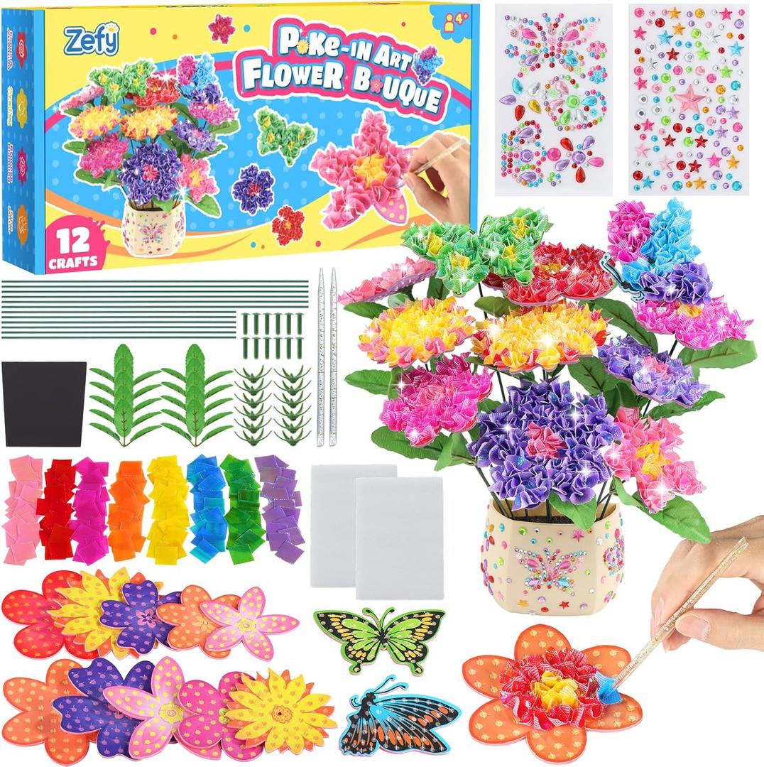 Zefy Poke Art Flower Bouquet, Mess-Free Arts and Crafts for Kids, Creative DIY Activities with 8 Colors 10 Flowers & 2 Butterflies, Birthday Valentine Gifts for Girls Craft Kits 4-12