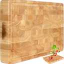 Wooden Butcher Block End Grain Cutting Board - 17x13x1.5in Reversible Multipurpose Chopping Board with Juice Groove, Cracker Holder & Inner Handles