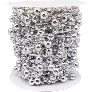 INSPIRELLE 99 Feet Silver Christmas Tree Beads Artificial Pearls Garland Chain Plastic Bead Roll for DIY Christmas Wedding Decoration