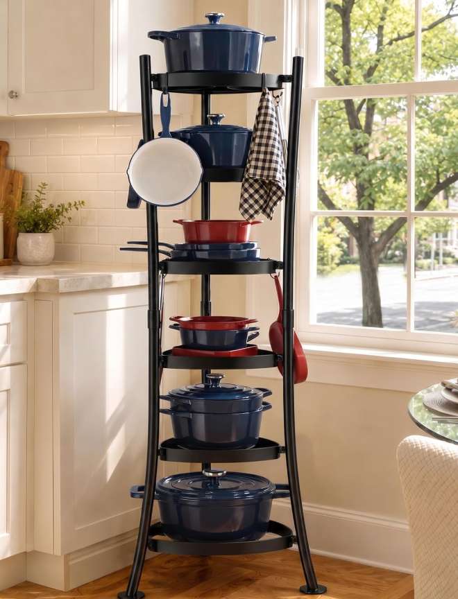 KES 264 Lbs Capacity Freestanding Pot Rack, 6-Tier Cast Iron Cookware Stand with 6 Hooks, Pots and Pans Storage Tower for Kitchen Corner, Stable Base, Anti-tip Strap & Floor Protectors, Black