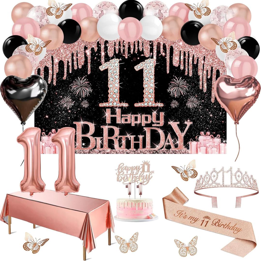 11th Birthday Decorations for Girls, 49pcs Black Rose Gold Black Banner, Tablecloth, Butterfly Decor, 11th Birthday Sash and Tiara, Cake Topper, Candles, Balloons Arch