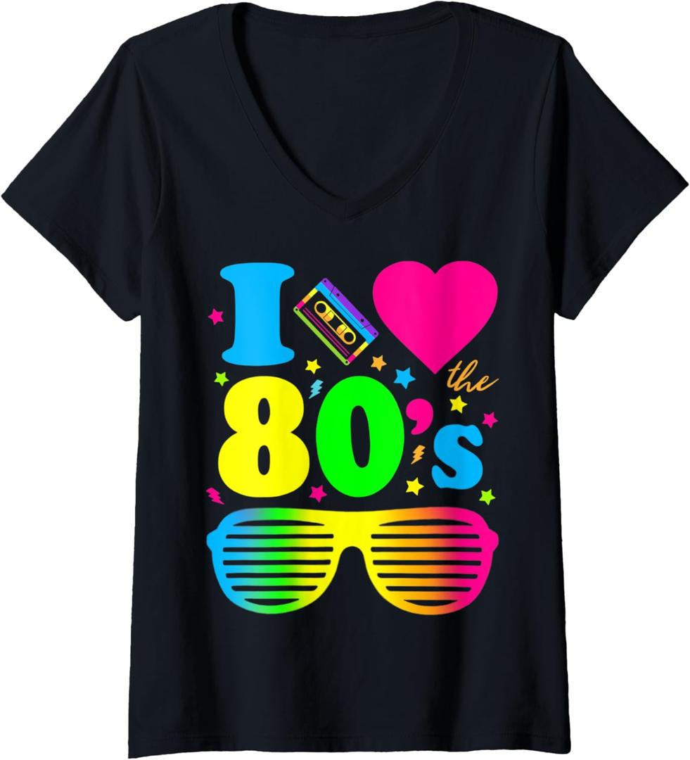 Womens I Love The 80s Clothes for Women and Men Party Funny Tee V-Neck T-Shirt (Small, Black)
