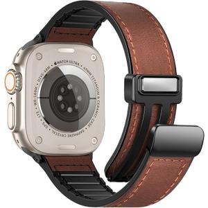 Magnetic Leather Bands Compatible with Apple Watch 49mm 46mm 45mm 44mm 42mm(S3/2/1) for Men Women, Genuine Leather with Magnetic Buckle for iWatch Ultra1/2/3 Series SE11/10/9/8/7/6/5/4/3/2/1