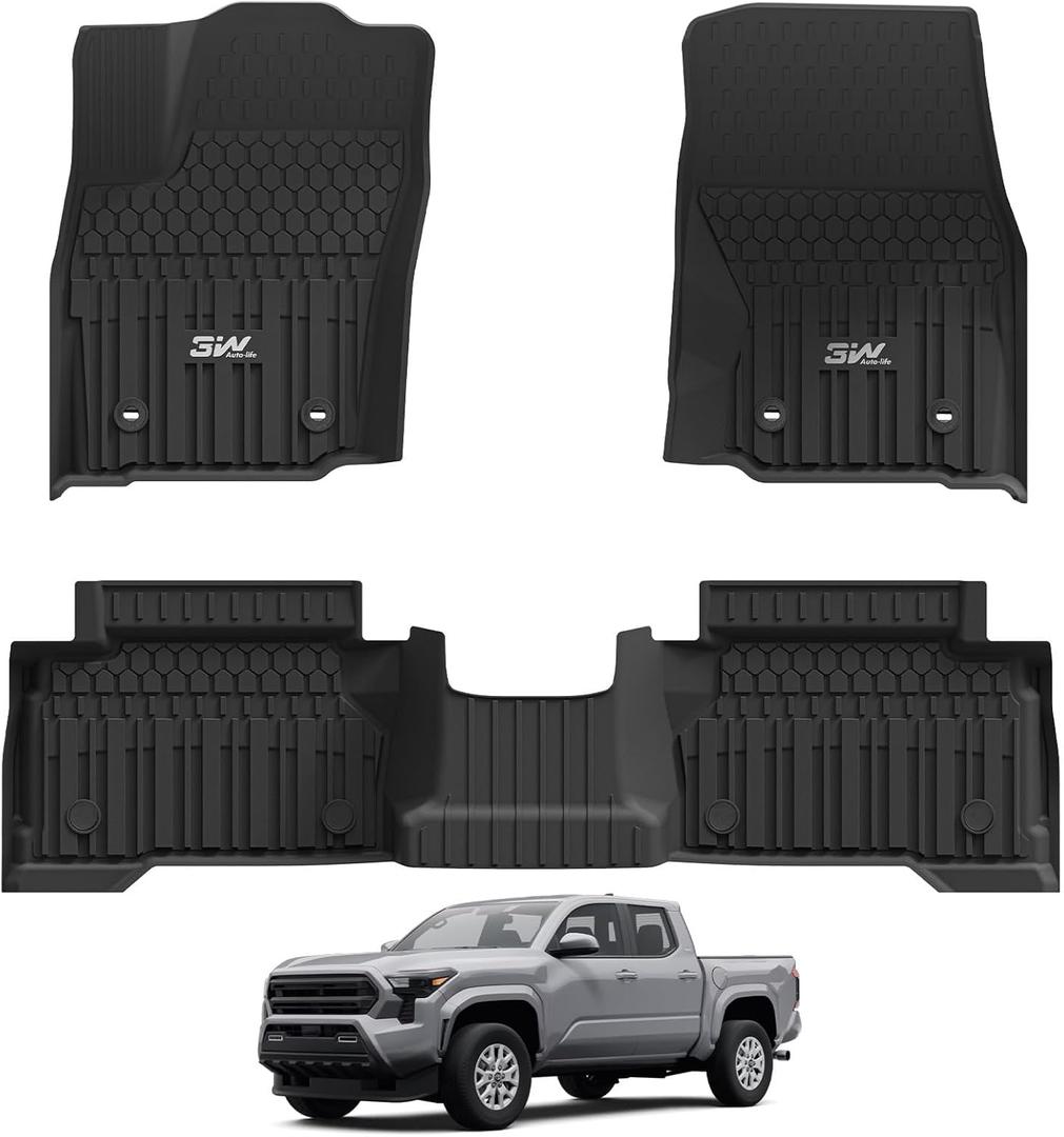 3W Floor Mats for Toyota Tacoma 2024 2025 2026 Double Cab(Not Fit Hybrid & XtraCab), TPE All Weather Custom Fit Floor Liner for Tacoma TRD/SR/SR5/limited Car Liners(Automatic Transmission)