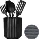 Black Utensil Holder (H5.51 x W4.92), Ceramic Utensil Crock, Cooking Spoon Holder for Kitchen, Spatula Holder for Counter, Includes Silicone Drying Mat, Black
