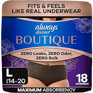Always Discreet Boutique Incontinence and Postpartum Underwear for Women, Maximum Protection, Large, Black, 18 Count