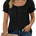 Womens Short Sleeve Shirts Puff Ruffle Sleeve Scoop Neck Pleated Henley Tops Summer Casual Loose Fit T-Shirts (Black, XL)