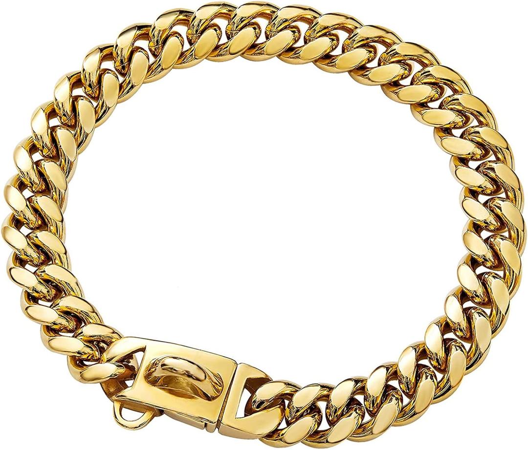 Strong Stainless Steel Gold Cuban Link Dog Collar - 14MM Gold Chain for Small & Medium Dogs - 16'' Necklace