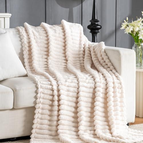 Wider Striped 380gsm Thick Beige Throw Blanket for Couch Super Soft Cozy Blankets for Women Fuzzy Fleece White Blanket for Bed Sofa 84x 90 inches