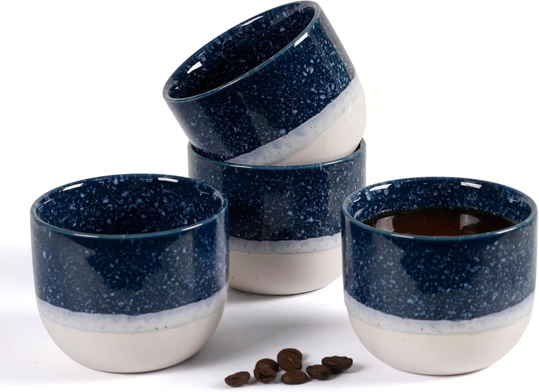 ZEBERBO Ceramic Espresso Cups Set of 4, Double Walled Espresso Coffee Mugs for Nespresso Cups, Special glazed Demitasse Cups Coffee Cup for Machine (Blue)