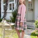 Girls Fall Winter Dress Plaid Ribbed Ruffle Long Sleeve Dress with Beret Hat 2Pcs Girls Casual Party Dresses for 6-12 Years (Pink)