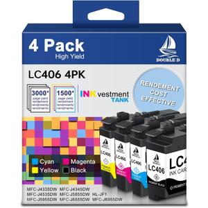 DOUBLE D Compatible LC406 4-Color Ink Cartridges Set for Brother LC406 LC406XL use with Brother MFC-J4335DW MFC-J4345DW MFC-J4535DW MFC-J5955DW MFC-J6955DW MFC-J5855DW Printer