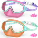 VegoVia 2 Pack Kids Swim Goggles with Nose Cover, Anti-Fog UV Protection Swimming Goggles for Kids Youth 3-15 (Pink & Orange)