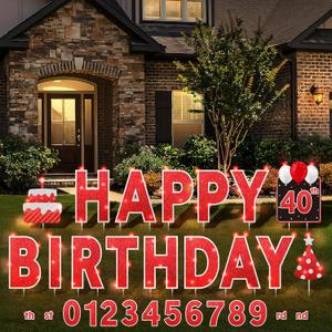 Yerliker 16 Pcs Happy Birthday Yard Signs with Stakes, 32.8 ft LED Lights, 42 Pcs Number Stickers, 13.4 Inch Letters Signs for Birthday Party Supplies Yard Lawn Outdoor Decoration (Red)
