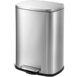 QUALIAZERO 50L/13Gal Heavy Duty Hands-Free Stainless Steel Commercial/Kitchen Step Trash Can, Fingerprint-Resistant Soft Close Lid Trashcan, 50L / 13 GAL