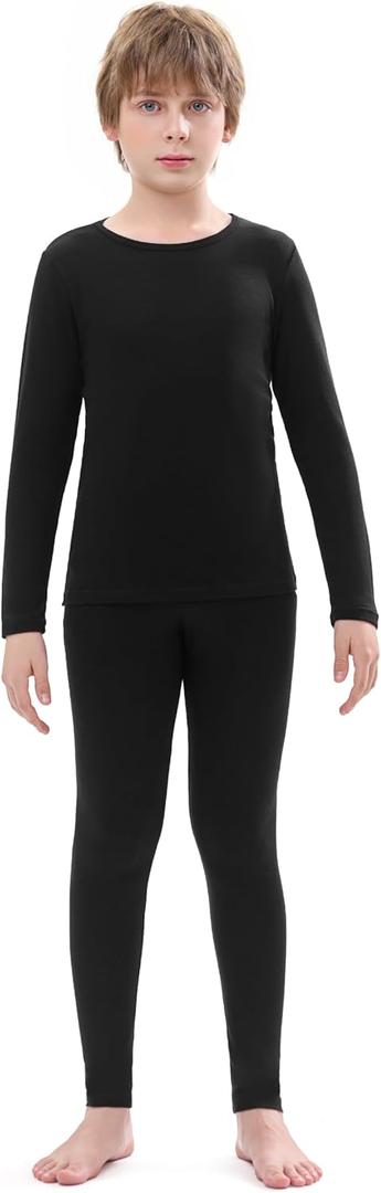 Merino Wool Base Layer Kids Set, Thermal Underwear for Unisex Kids Wool Base Layer Top Bottom (Small, Black-180)