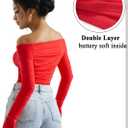 OMKAGI Women Long Sleeve Tops Boat Neck Off Shoulder Shirts Fitted Going Out Y2K Crop Top (Red, L)