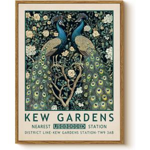 WHASAYART Vintage Peacock 12x16 Framed Canvas Wall Art Antique Painting, Kew Gardens Elegant Blue Peacocks Floral Botanical Bird Print Artwork, Retro Bathroom Bedroom Home Office Gallery Decor