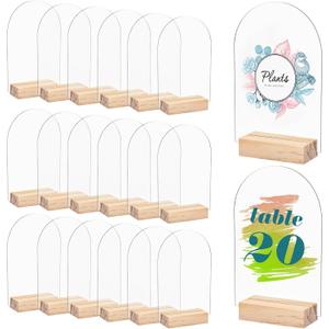20 Pack Blank Clear Arch Acrylic Sign with Wooden Stands, Arched Round Top Acrylic Sheet, DIY Clear Arch Table Numbers for DIY Name Card Gifts Event Party Sign Decoration