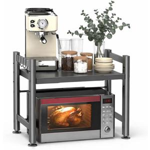 2-Tier Microwave Stand, 220lbs Rack w/Adjustable Feet & 6 Hooks