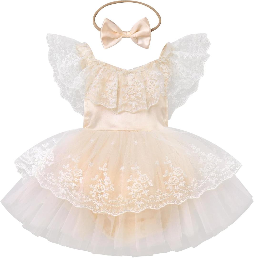 FYMNSI Infant Baby Girl 1st Birthday Outfit Floral Lace Tulle Romper Tutu Dress Headband 2PCS Bodysuit Princess Summer Clothe (9-12 Months, Apricot)