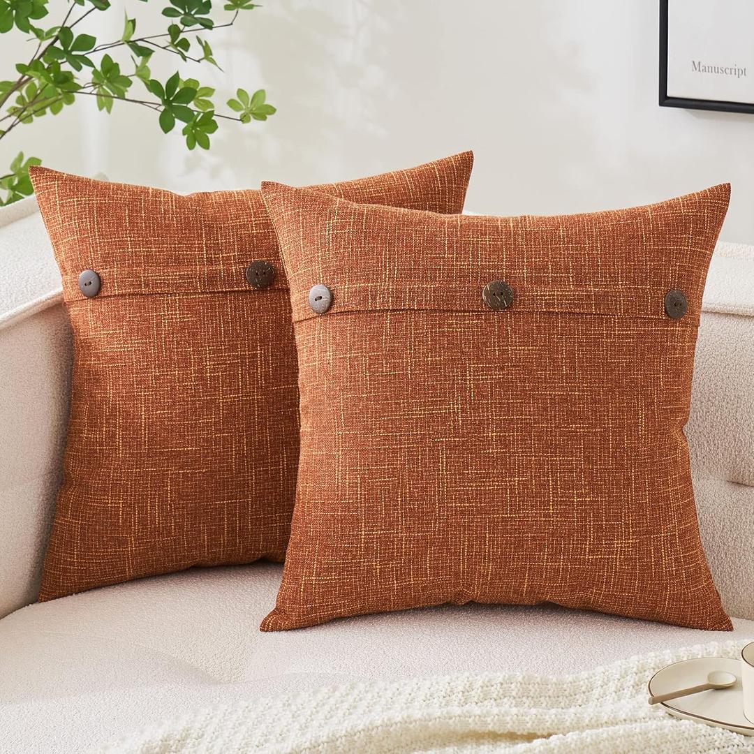 MIULEE Set of 2 Decorative Linen Throw Pillow Covers Cushion Case Triple Button Vintage Farmhouse Pillowcase for Couch Sofa Bed 26 x 26 Inch Rust