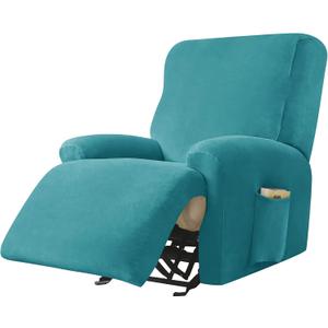 CONRUSER Recliner Chair Covers, 4-Piece Velvet Stretch Recliner Slipcover Single Seat Couch Cover Soft Furniture Protector with Pocket (Turquoise)