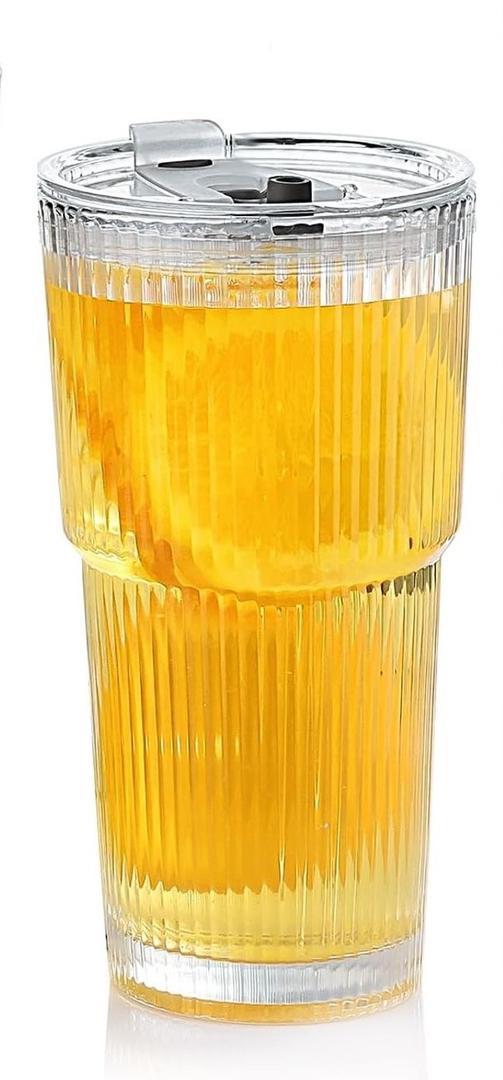 Glass Cups with Lids and Straws 20oz Glass Tumbler with Straw and Lid, Reusable Iced Coffee Cup, Smoothie & Tea Glass, Ideal for Home, Office, Travel, 1 Pack, Large