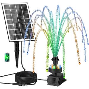 Solar Fountain Pump with Adjust Glass Panel, Upgrade 3.5W Solar Water Pump with Stake, 16.4ft Cable, 2000mAh Battery, Colorful Lights, Solar Powered Fountain Kits for Bird Bath, Hummingbird