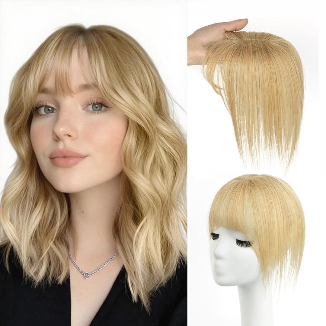 27# Dark Blonde Hair Toppers for Women - 8 Inch Real Human Hair with Bangs, Seamless 360, 2 Clips Undetectable for Thinning Hair (8in 27#)