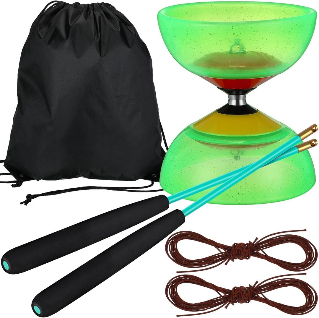 6 Pieces Chinese Diabolo Toy Set Includes 5 Inches Five Bearings Diabolo Ball Toys with 2 Pieces Alloy Diabolo Sticks 2 Pieces Ropes Drawstring Bag for Fun (Green)