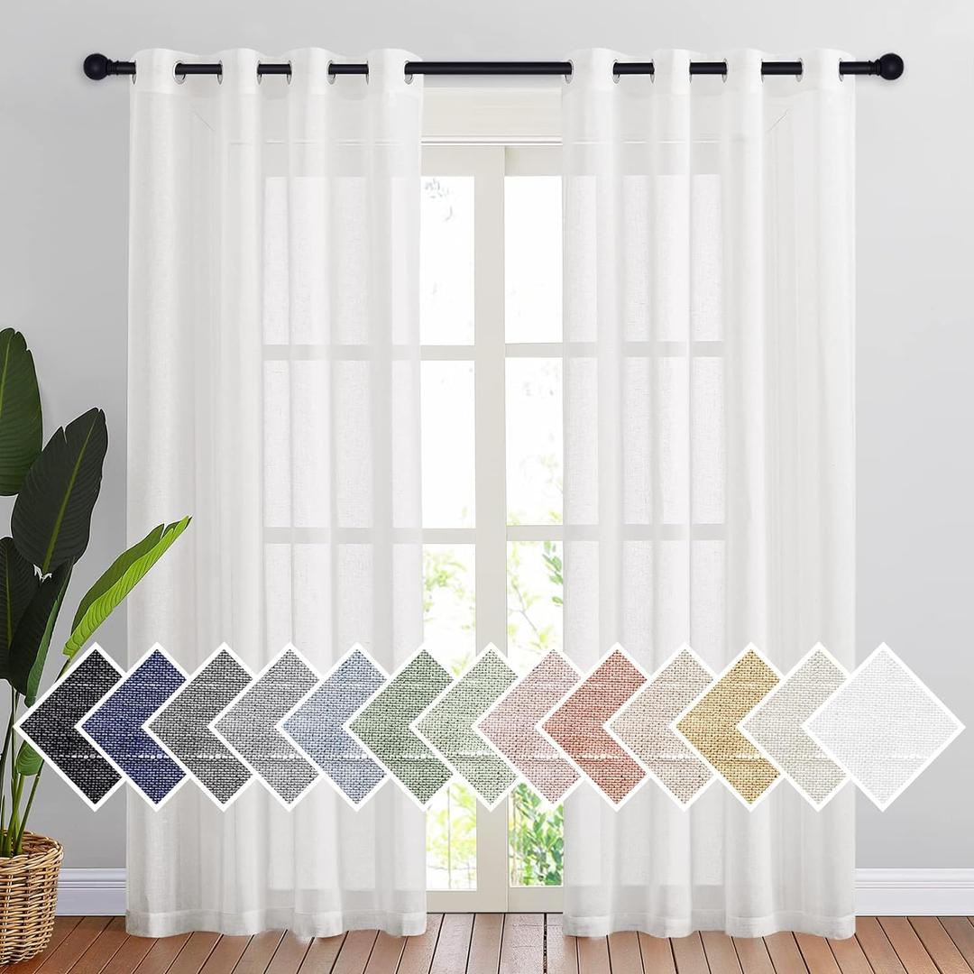 NICETOWN White Sheer Linen Curtains for Living Room 84 inch Length 2 Panels Set, Grommet Semi Sheer Privacy with Light Filtering Flax Window Treatments for Bedroom, W52 x L84