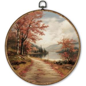 TLESKE Fall Forest Path Landscape Round Wall Art Decor Framed 10x10, Autumn Lake Canvas Wall Art Prints Artwork, Rustic Farmhouse Wall Hanging Room Door Decor Decorations for Bedroom Living Room