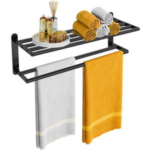 Double Towel Racks for Bathroom, Towel Shelf with Double Towel Bar 24 inch, Towel Rack with Shelf for Bathroom, Stainless Steel Towel Holder Wall Mounted, Towel Storage for Bathroom Lavatory Black