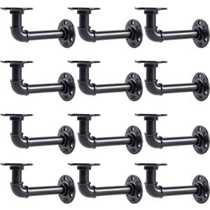 L-Shaped Industrial Pipe Shelf Brackets, Black Metal Wall-Mounted Floating Shelf Supports for 8-14 Inch Plates, Heavy-Duty DIY Rack Supports, Iron Material (12-Pack Black)