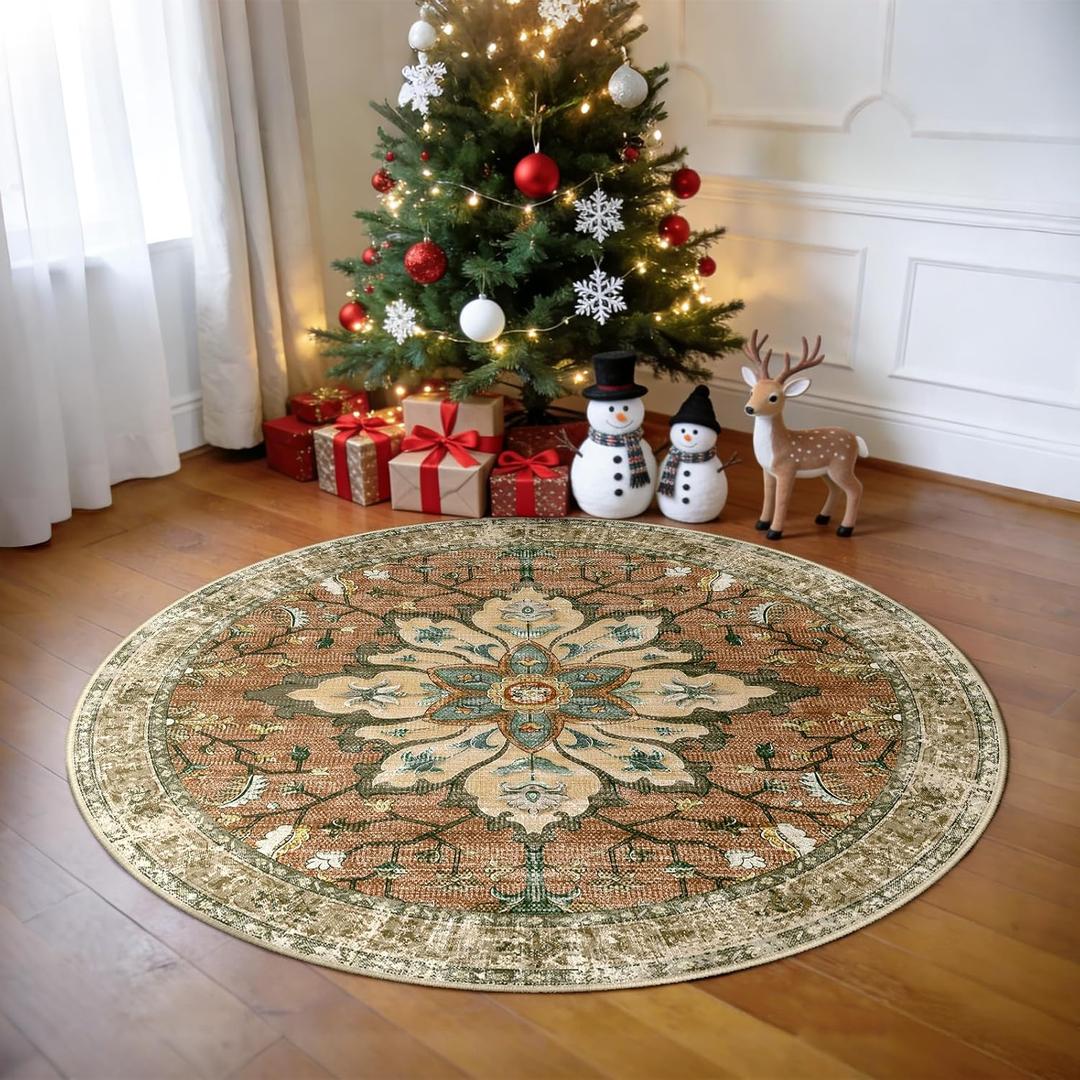 Area Rugs 4ft Washable Non-Slip, Floral Vintage Distress Print Pattern Medallion Carpet for Living Room Bedroom Dining Room, Brick Red Rust Neutral Brown Burnt Orange