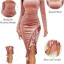 NASHALYLY Elegant Velvet Dress for Women,Sexy Long Sleeve Bodycon Mermaid Dress Ruched Cocktail Party Wedding Square Neck (Pink)