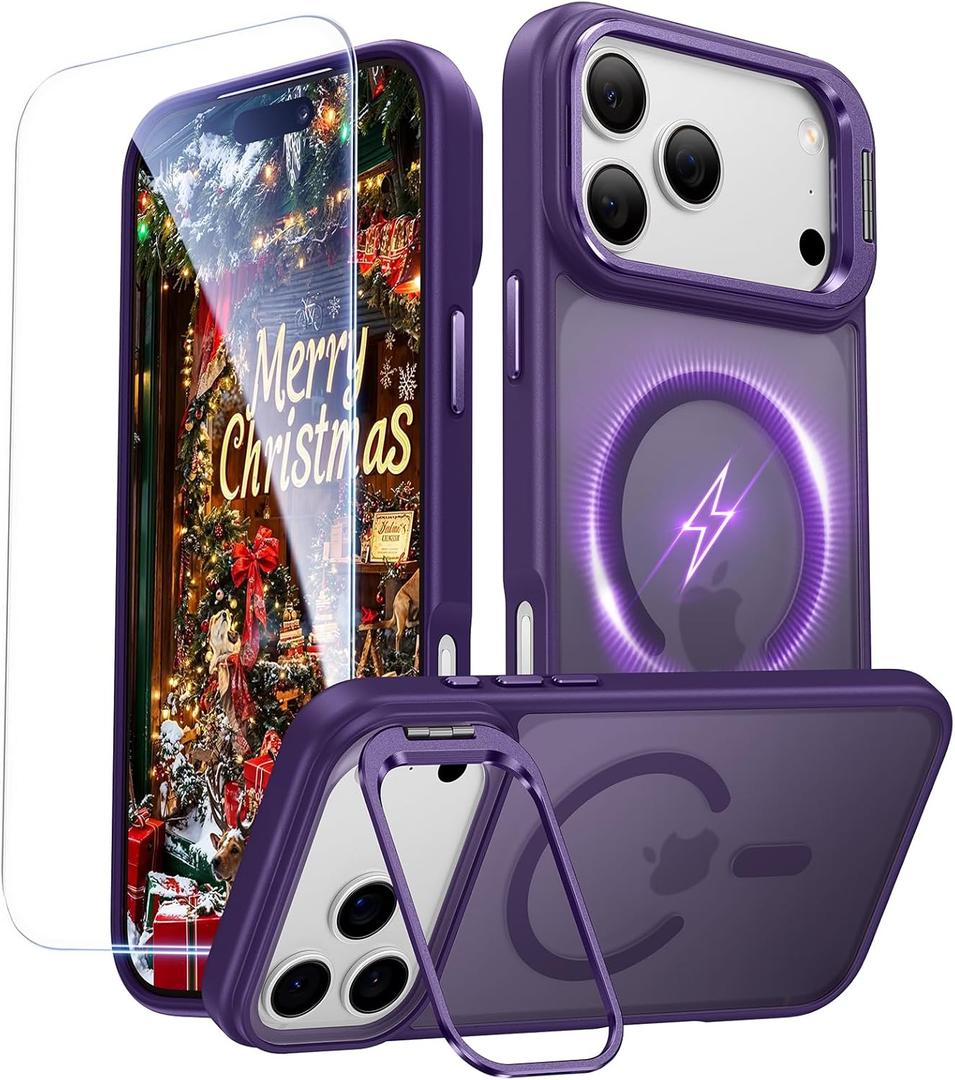 for iPhone 17 Pro Max Case with Stash Lens Stand and 9H Screen Protector, Compatible with MagSafe, Military-Grade Drop Protection Phone Case for iPhone 17 Pro Max, 360 Full Protection, Purple