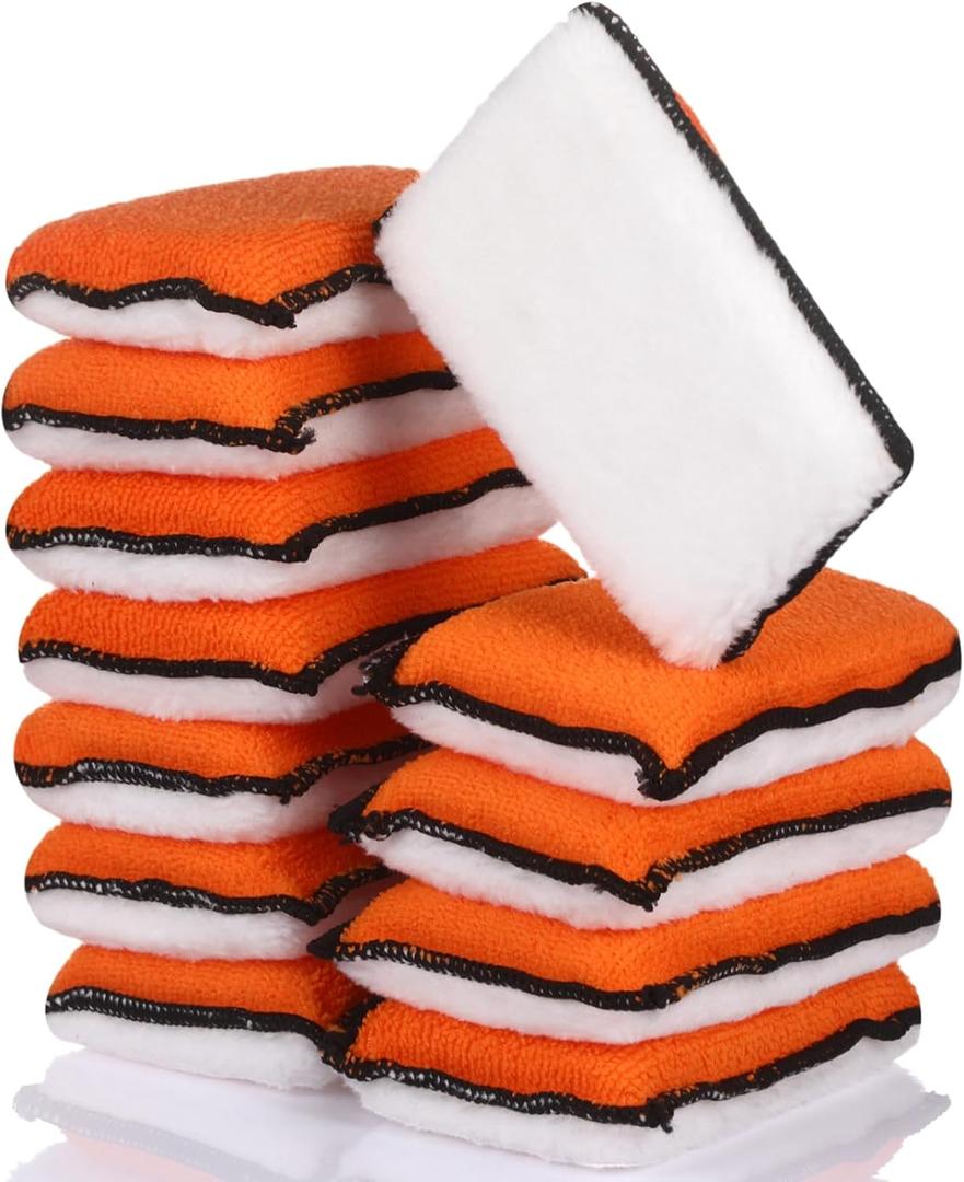 Mudder 12 Pcs Car Interior Scrubbing Sponge 5'' x 3'' Fiber Car Wax Applicator pad Household Cleaning Sponges for Leather Car Seat Couch Cleaning (Orange White)