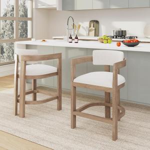Christopher Knight Home Set of 2 Ryland Modern 26" Counter Height Bar Stools, Fabric Upholstered Counter Stools,Wooden Kitchen Island Armchair with Footrest, Round Backrest, Soft Seating,Beige+Natural, 22.5 x 24 x 33 inches