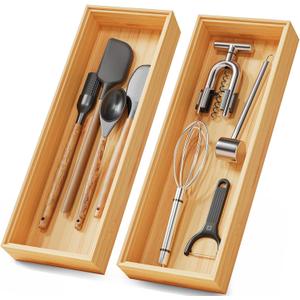 Bamboo Kitchen Drawer Organizer Boxes 14" x 5" Stackable Wood Silverware Utensil Tray for Drawers Bins Cutlery & Flatware Storage Wooden Pantry Organizers Set of 2 for Junk Drawer Bathroom Rv