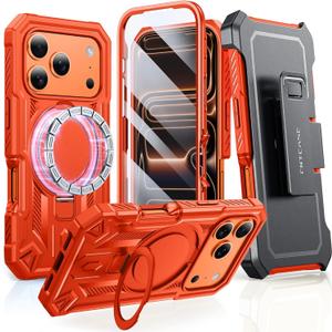 FNTCASE for iPhone 17 Pro-Max Case: with Kickstand [Built-in Screen Protector & Belt Clip] [Compatible with MagSafe] Military Grade Shockproof Rugged Hard TPU Magnetic Phone Cover Orange