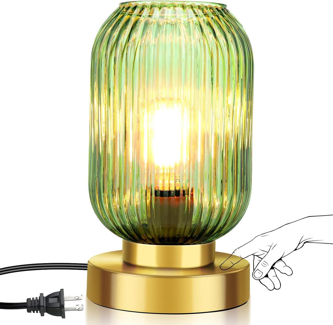 Mid Century Modern Table Lamp, Touch Control & 3 Way Dimmable, Green Ribbed Glass Shade, Small Gold, Vintage Bedside Lamp for Bedroom, Living Room,Office (Bulb Included)