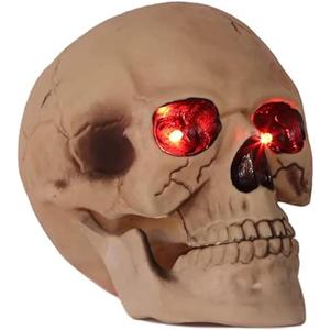 Halloween Skull Head Life Size Human Skull Sculpture with LED Light Up Glowing Eyes, Night Light Resin Skull Head Bone Prop Horror House Party Ornament for Bar Table Decor, Holiday or Birthday Gift