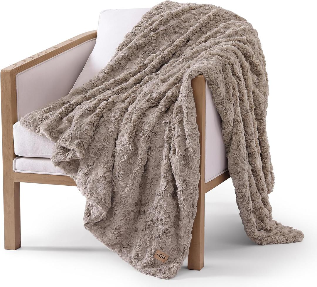 UGG Adalee Faux Fur Throw Blanket Luxury Lightweight Cozy Soft Throw For Couch Bed Or Chair Hypoallergenic Machine Washable Double-Sided Fluffy Blanket Home Decor, 50-Inch X 70-Inch, Oyster Brown