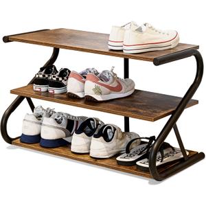 3-Tier Shoe Rack, Wooden Shoe Storage with S Shape Heavy Duty Metal Free Standing, Shoe Organizer Shelf for Entryway, Living Room, Closet, Bedroom (Rustic) (11.81 x 25.78 x 15.86 Inches)