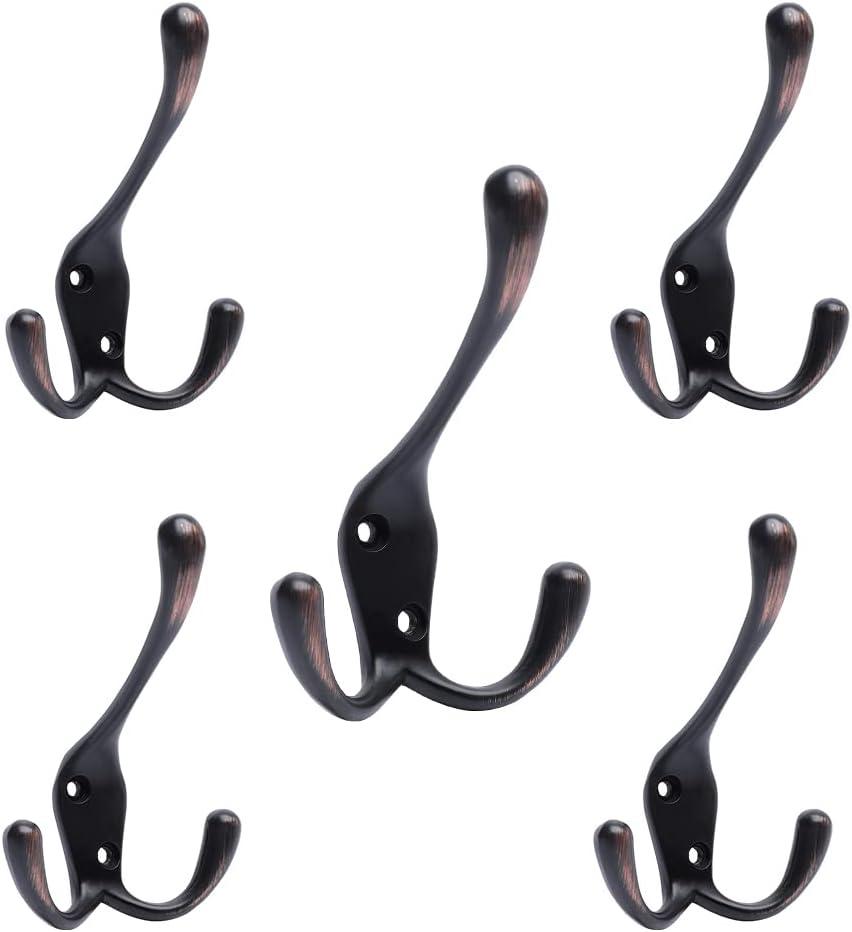 HARPOON 5 Pack of Mounted Tri Hooks, Heavy Duty, Stainless Steel, Metal Coat Hook Rail for Coat Hat Towel Purse Robes Mudroom Bathroom Entryway (Oil-Rubbed Bronze)
