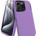 for iPhone 15 Pro Case with Tempered Glass Screen Protector, 16ft Drop Protection, with Dustproof Port Cover, 3-Layer Heavy Duty Shockproof Phone Case, Black/Purple