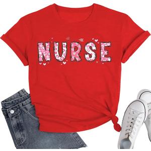 Womens Valentines Shirt-Pink Nurse Valentines Day Tshirts Funny Teen Girl's Holi Vacation Casual Outfit
 L